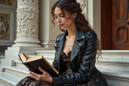 Jeune femme en veste en cuir noir et robe brodee devant l opera