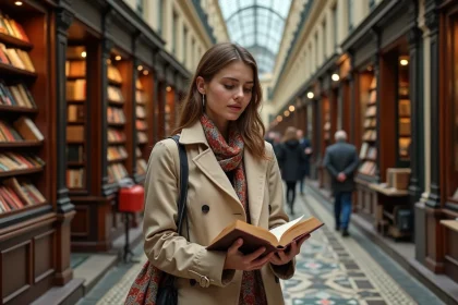 Jeune femme dans une librairie parisienne Passage Vivienne