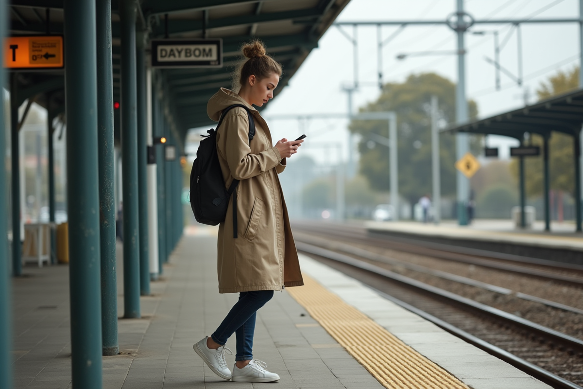 Jeune femme vérifiant les horaires sur smartphone sur une plateforme