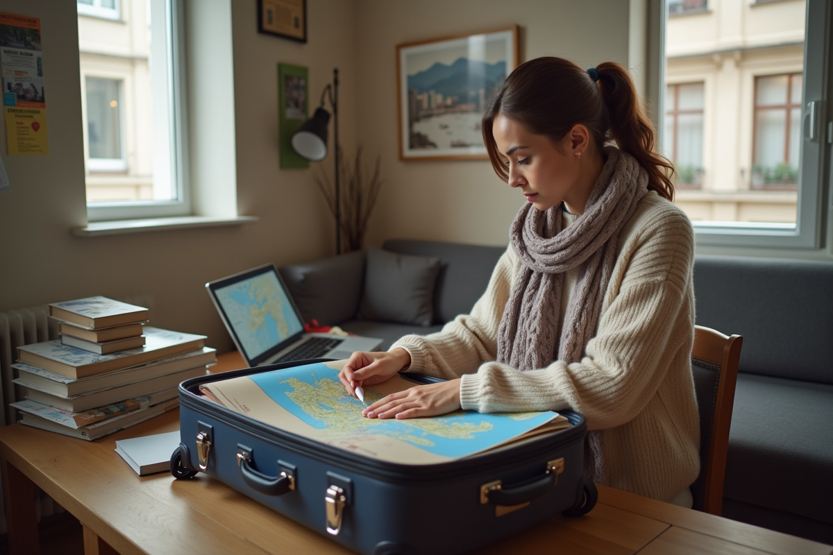 Jeune femme préparant ses affaires pour voyager dans un salon cosy