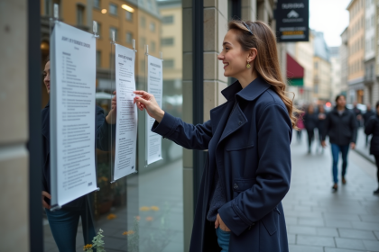 Jeune femme souriante examine des annonces immobilières en ville
