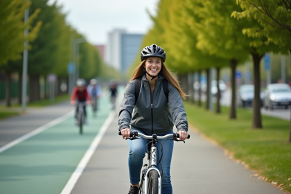 Jeune femme souriante en vélo dans un parc urbain vert