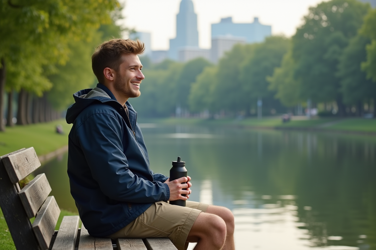 Jeune homme assis sur un banc au bord d’un lac en ville
