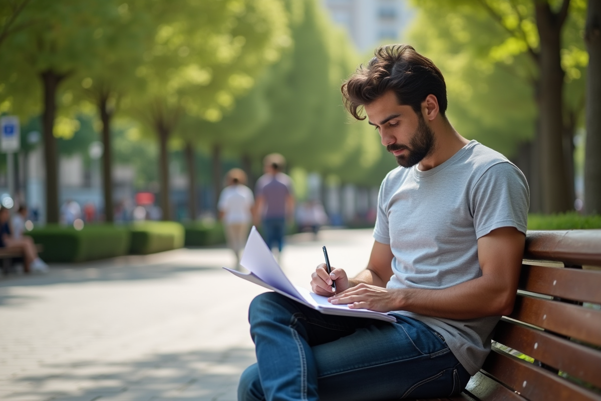 Jeune homme espagnol remplit formulaire dans un parc