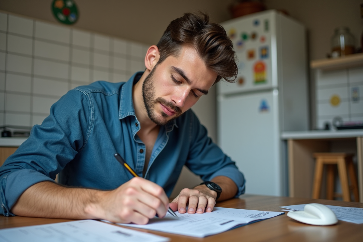 Jeune homme remplissant un formulaire de permis de conduire à la maison