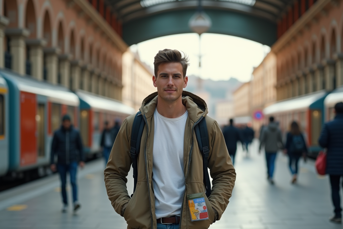 Jeune homme avec sac à la gare espagnole dynamique
