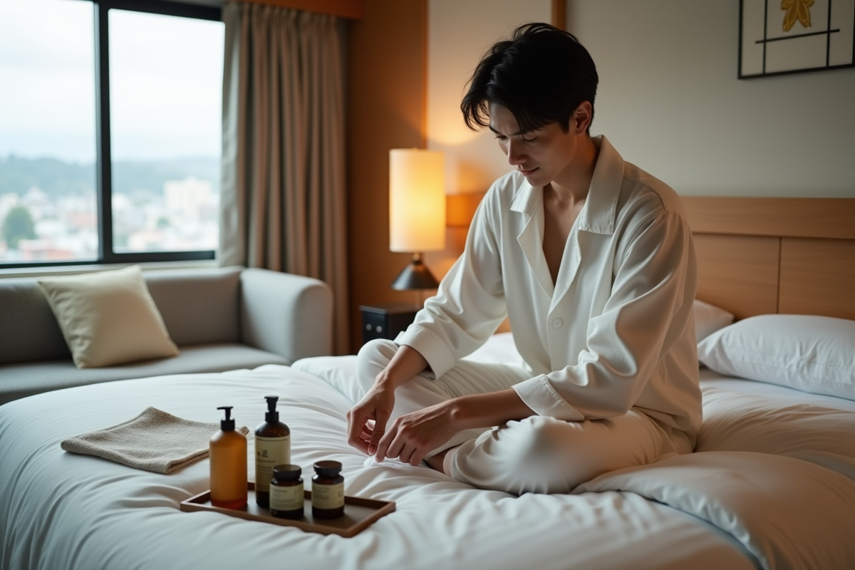 Jeune homme japonais organise des produits dans une chambre d