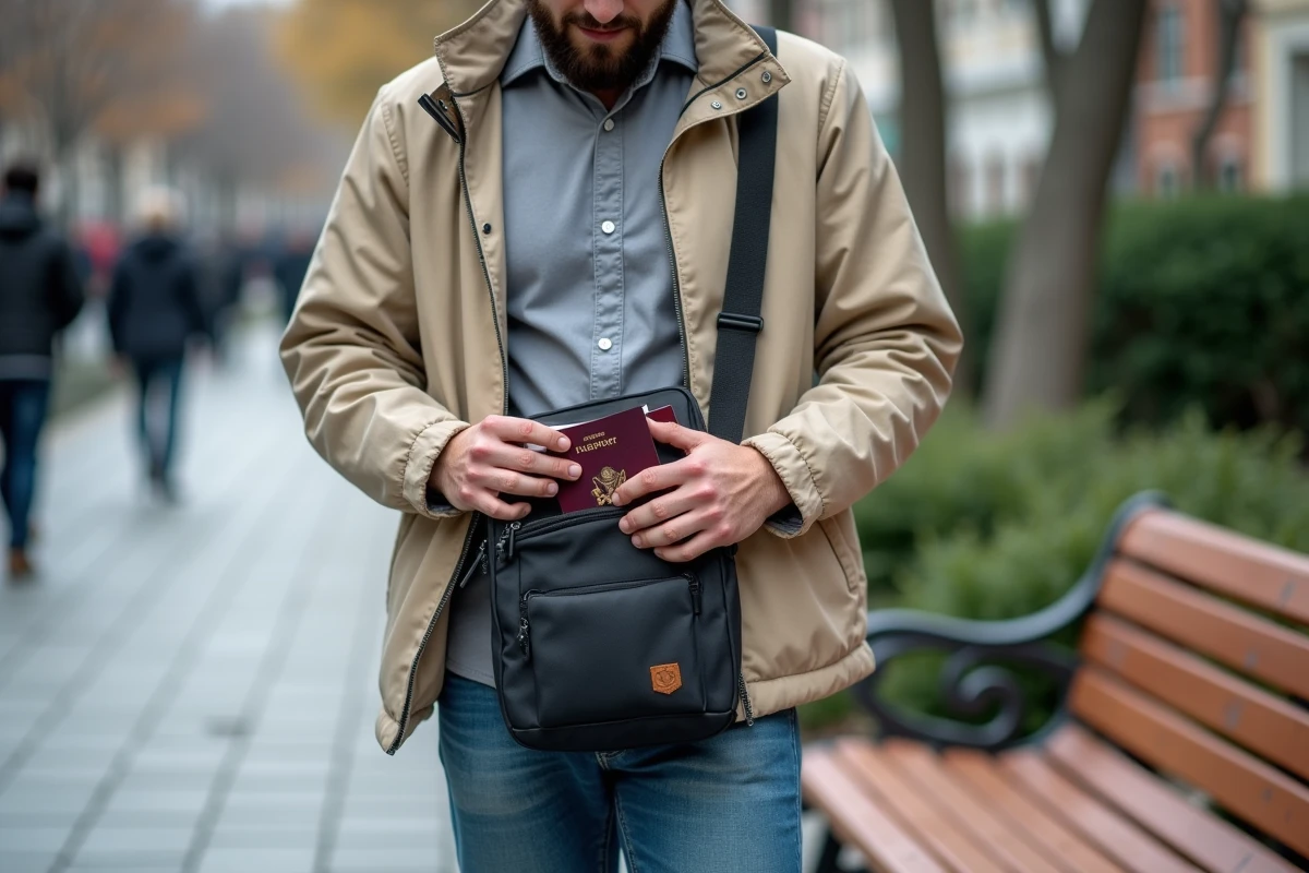 Jeune homme rangeant ses documents dans un sac en ville