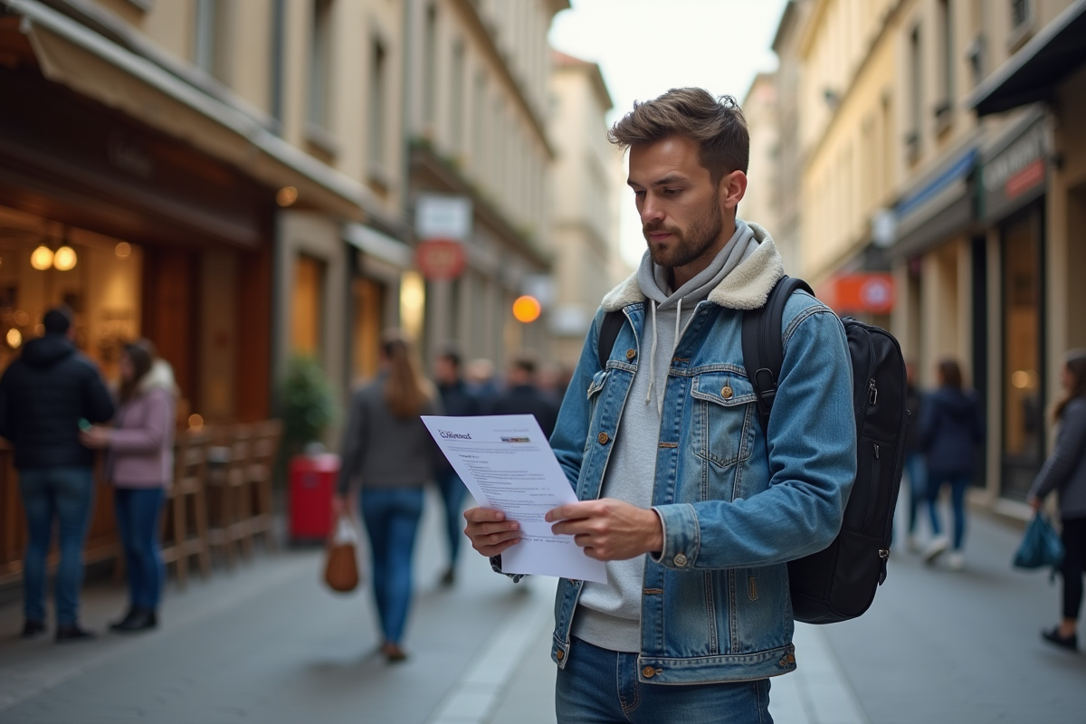 Jeune homme consultat une liste de déménagement dans une rue animée