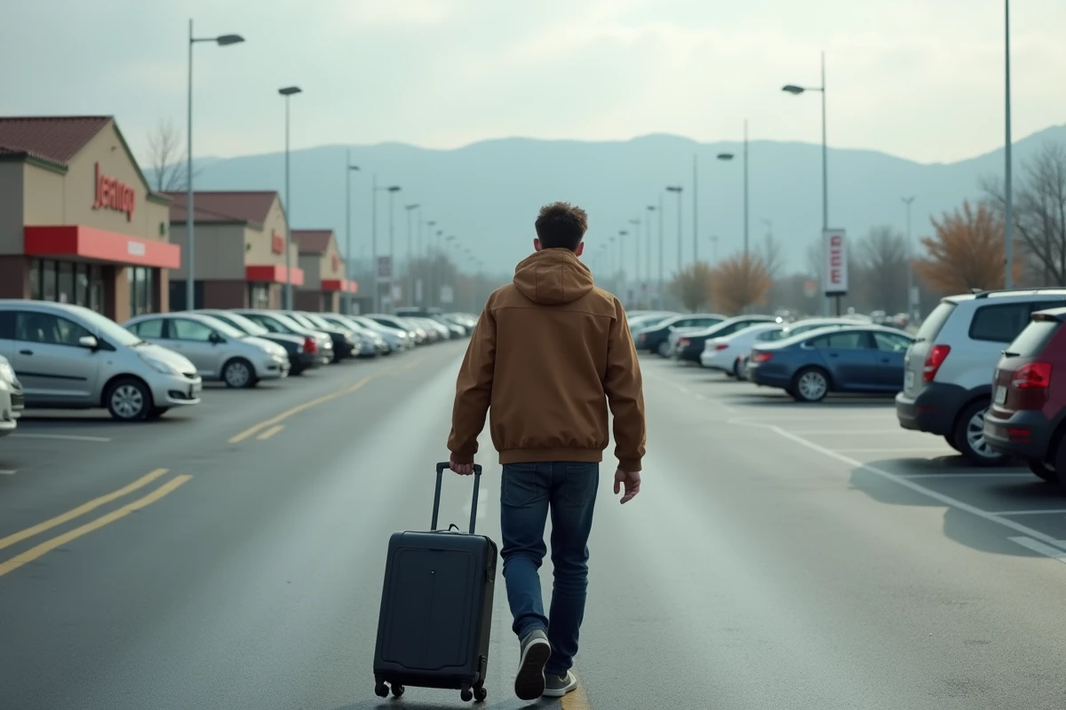 Jeune homme avec valise dans un parking de Dancharia