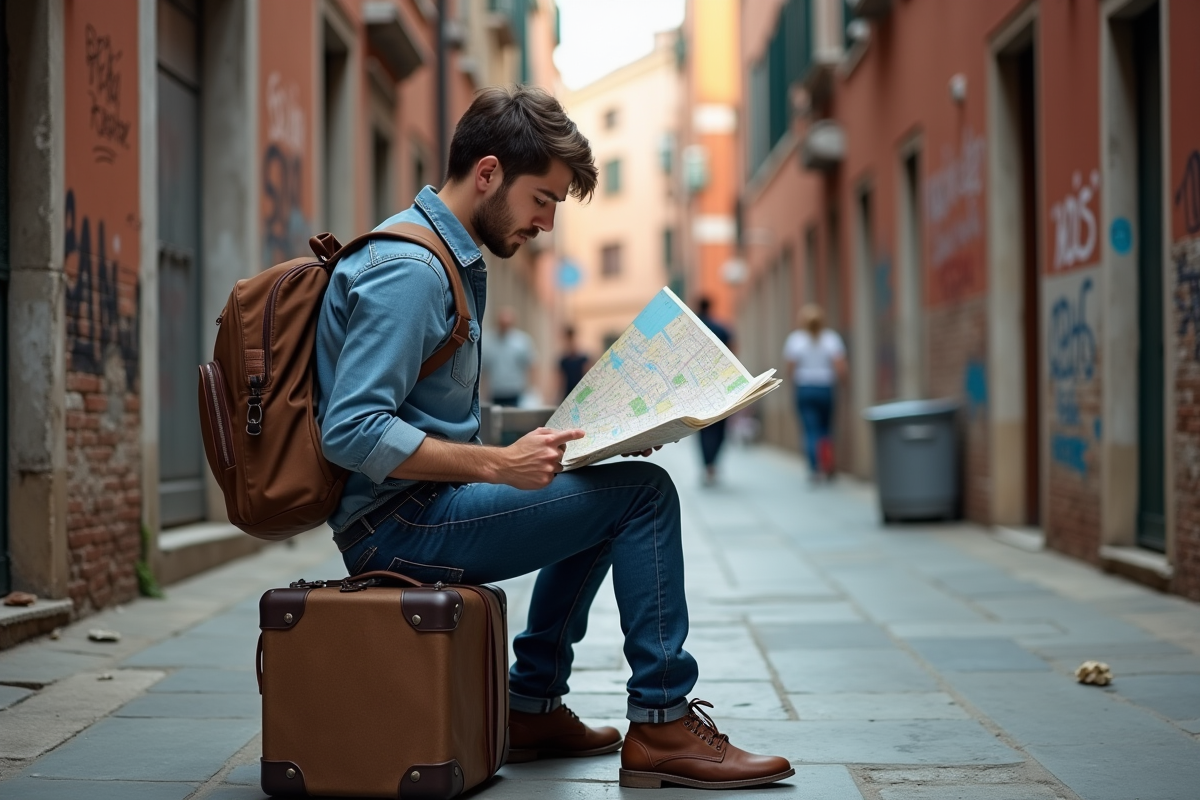 Jeune homme avec carte dans une ruelle urbaine de Venise