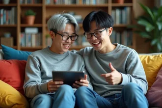 Deux jeunes hommes assis sur un canapé avec tablette dans un intérieur cosy