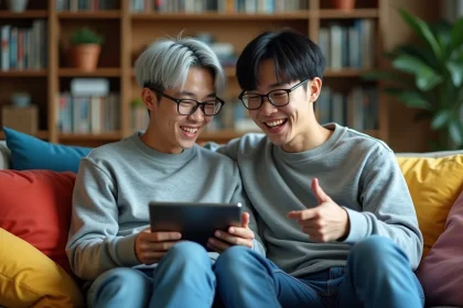 Deux jeunes hommes assis sur un canapé avec tablette dans un intérieur cosy