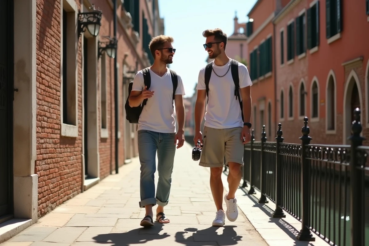 Deux jeunes hommes dans une ruelle de Venise avec canal