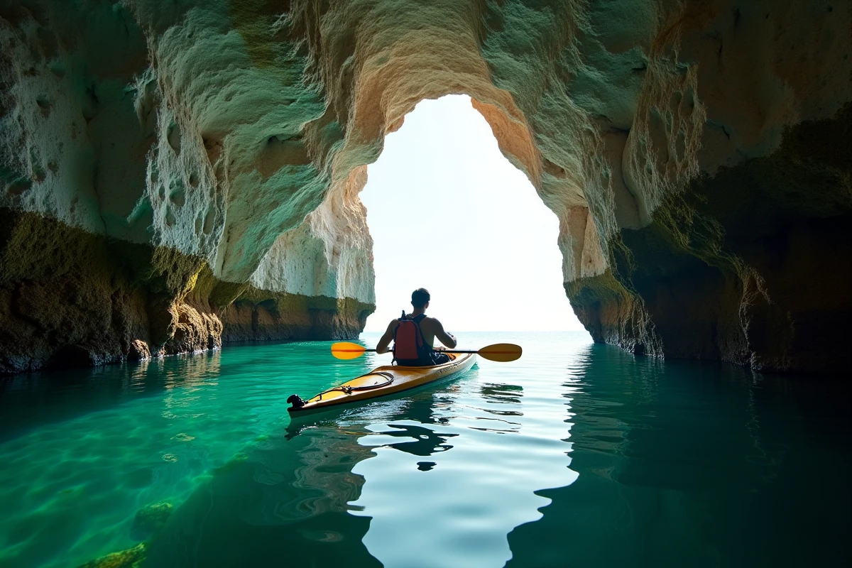 Kayakiste pagayant à l'entrée d'une grotte marine sur le littoral calcaire d'une île croate avec des eaux émeraude translucides