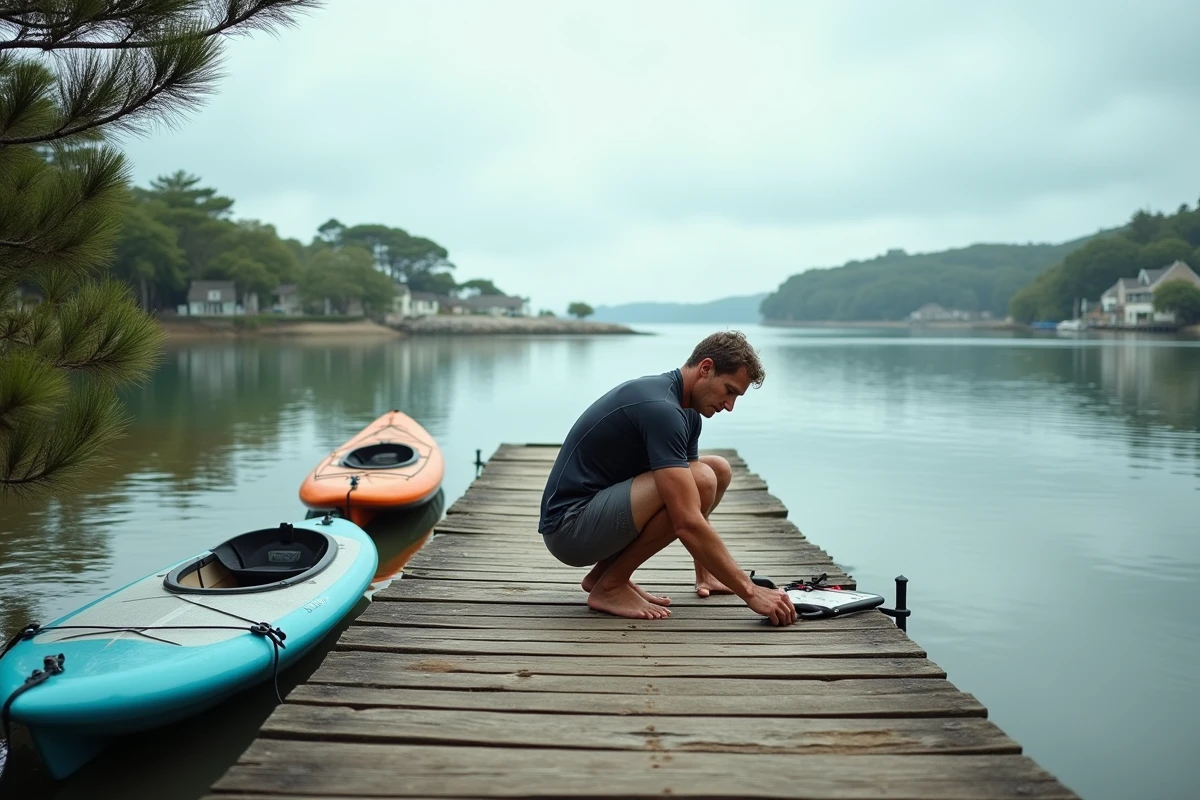 Homme préparant un kayak sur le ponton de la plage de Conleau à Vannes avec vue sur l'estuaire du Morbihan