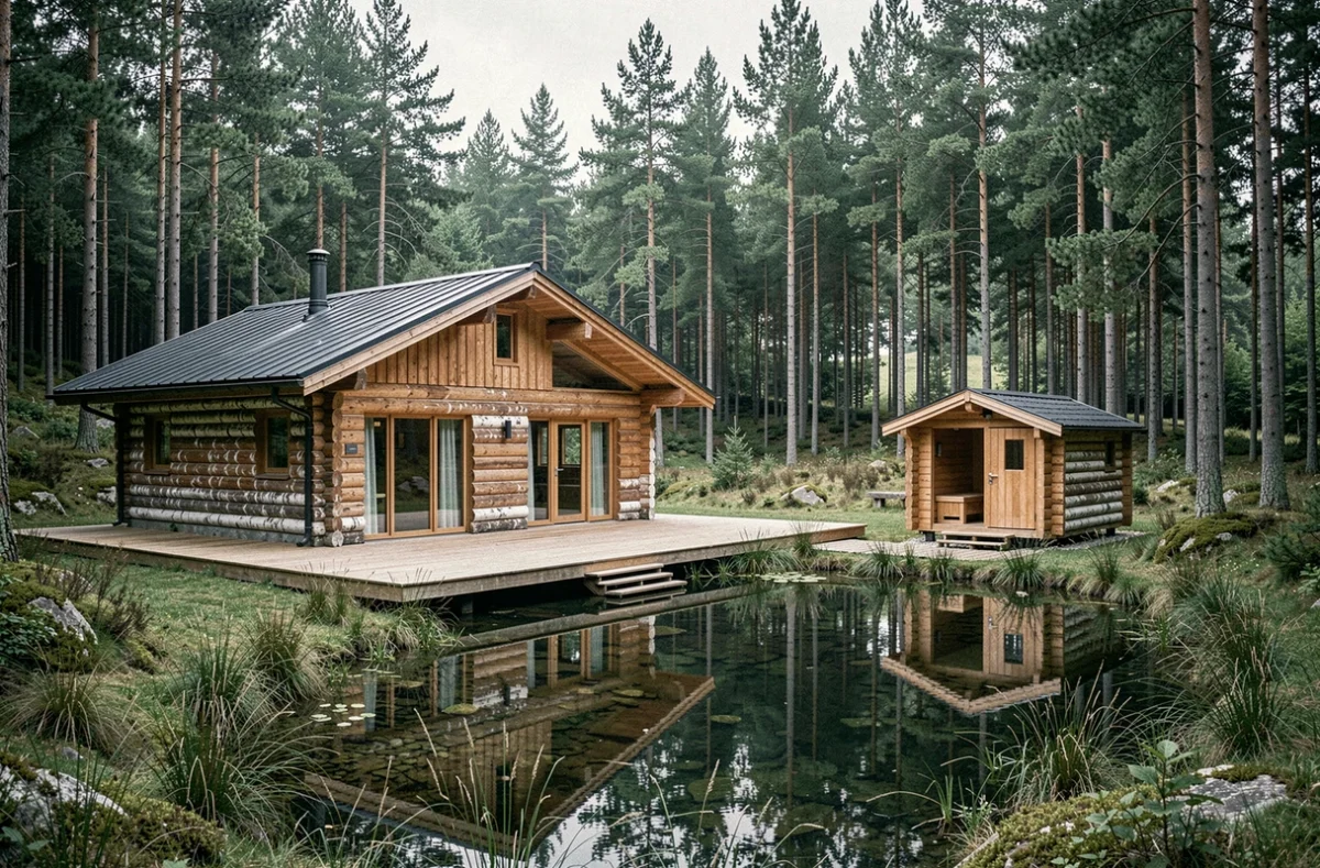 Chalet nordique en bois de La Petite Finlande entouré de forêt de pins dans les Vosges alsaciennes