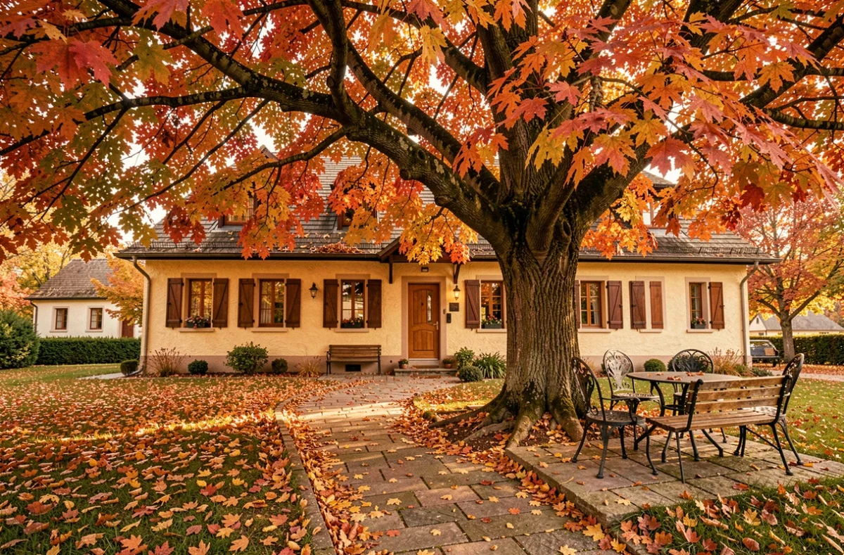 Propriété des Érables entourée d'érables aux feuilles d'automne colorées dans le Haut-Rhin alsacien