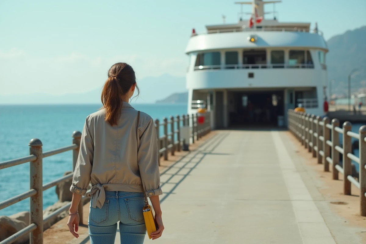 Femme tenant un sac duty-free avec des cigarettes près d'un port de ferry espagnol