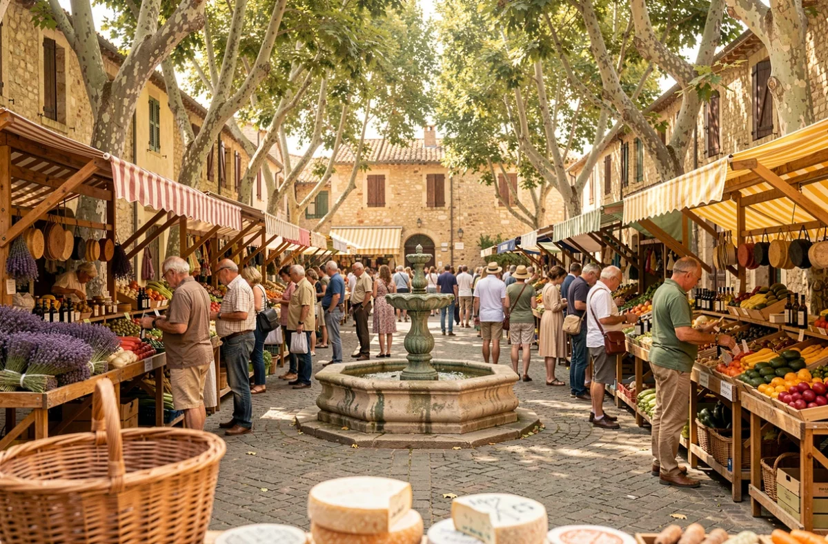 Marché provençal animé sur une place de village près d'Aix-en-Provence avec étals de lavande fromages et légumes locaux
