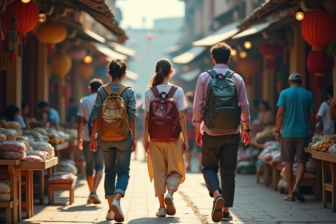 Groupe de voyageurs dans un marché traditionnel en Asie du Sud-Est