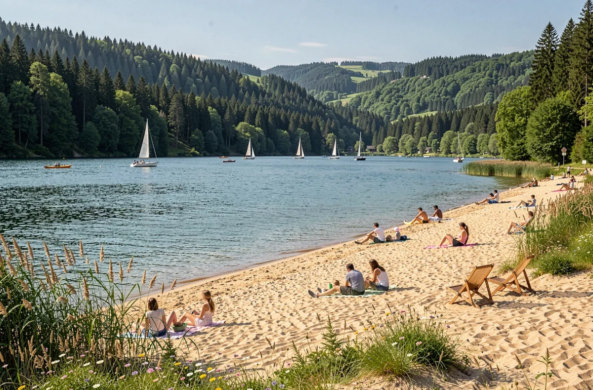 Vue panoramique d'une plage au bord d'un lac dans le Grand Est avec forêts et familles profitant du soleil