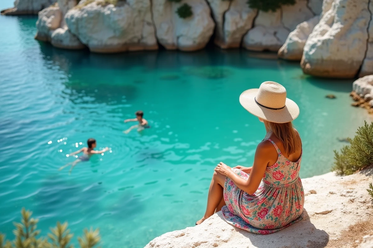 Femme observant ses enfants faire du snorkeling dans une crique turquoise des Pouilles