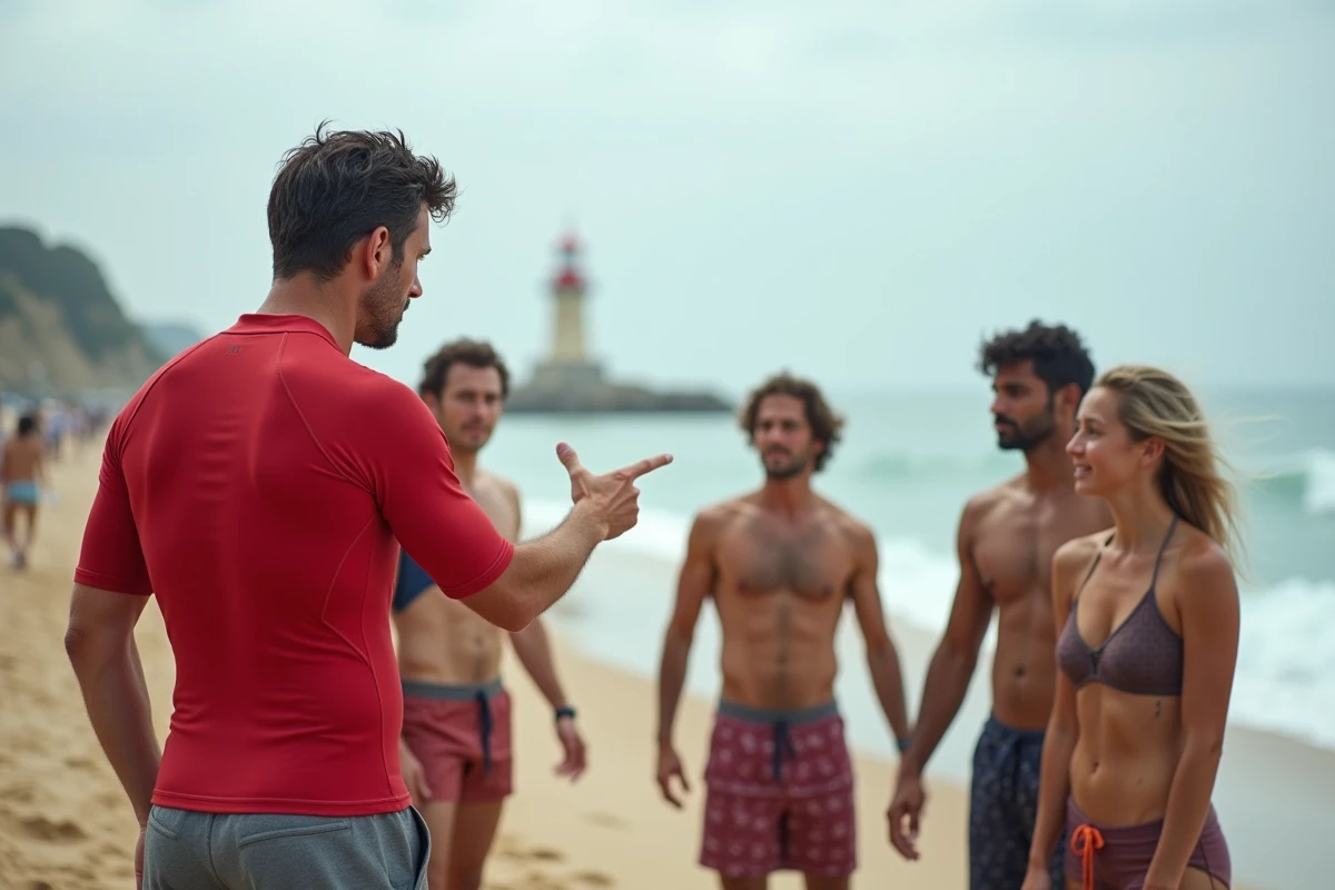 Moniteur de surf expliquant les horaires de marée à des débutants sur la plage de Biarritz