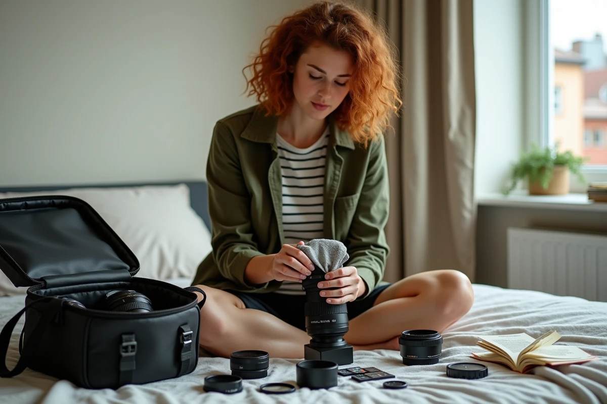 Photographe nettoyant un objectif sur un lit entouré d'accessoires photo avant un voyage, préparation minutieuse du matériel