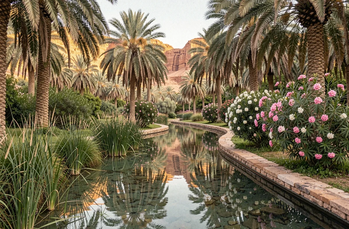 Oasis marocaine au printemps avec palmiers dattiers et canal d'irrigation traditionnel