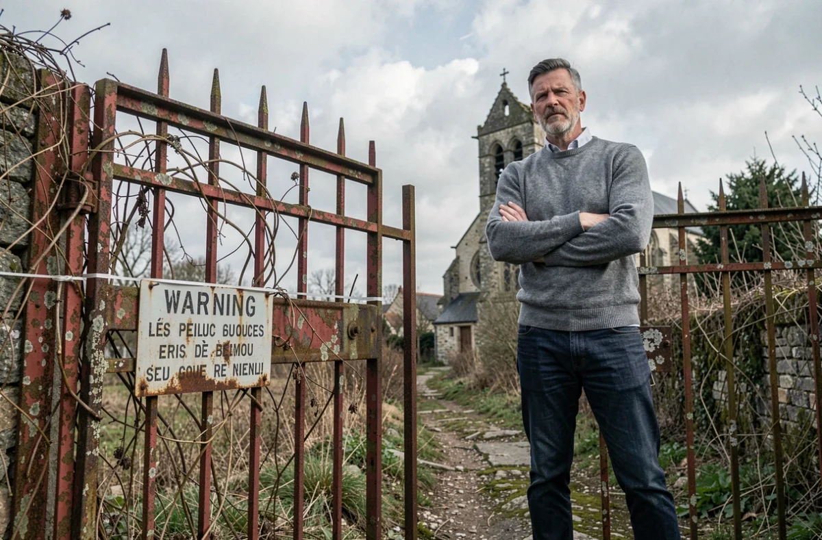 Homme adulte devant un portail rouillé d'un hameau abandonné en France avec panneau d'avertissement, atmosphère de danger et de prudence