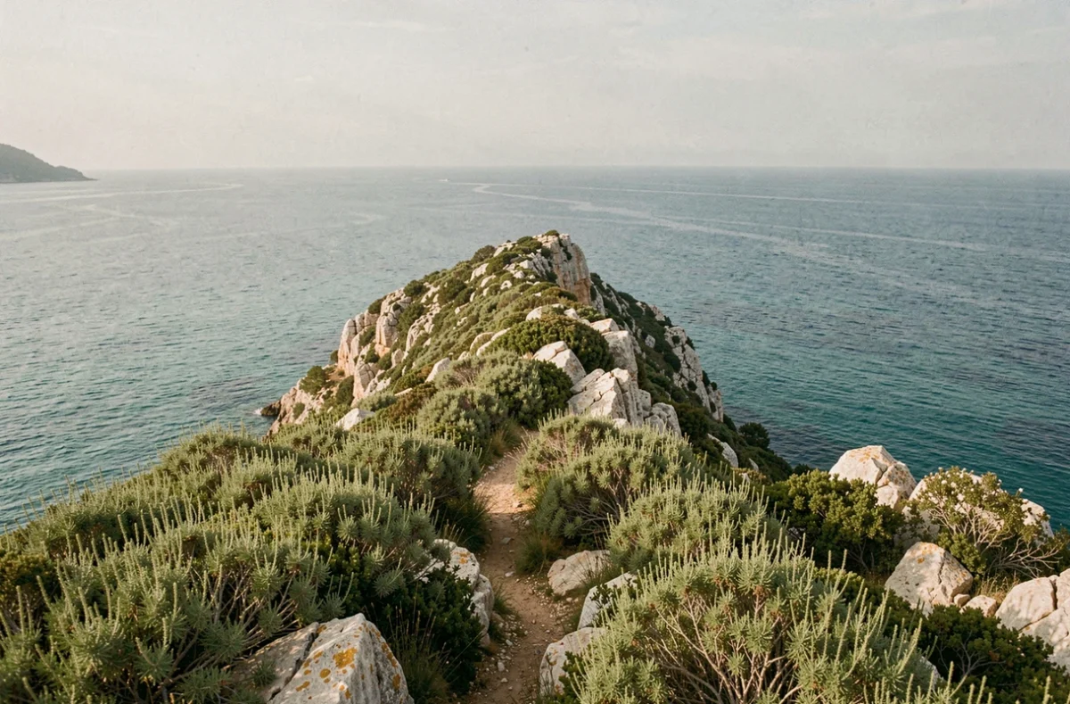 Vue panoramique du Cap de Muru en Corse désert en été, sentier de randonnée sauvage avec maquis et mer turquoise