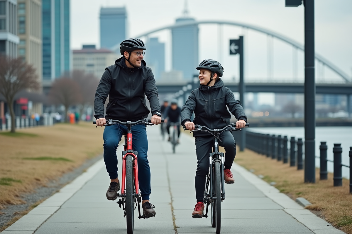 Père et fils à vélo sur une piste au bord de la rivière