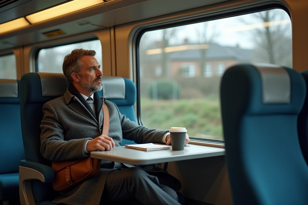 Passager assis dans un train Gatwick Express ou Thameslink observant le paysage londonien par la fenêtre