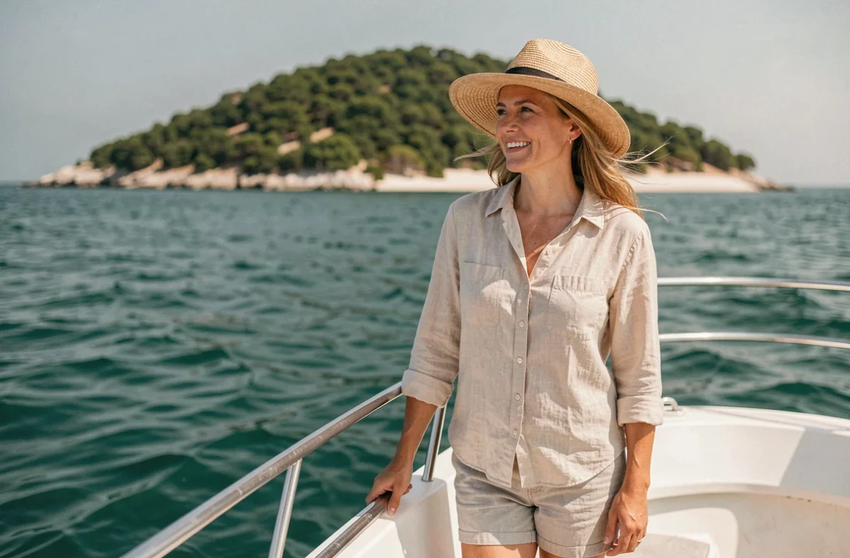 Femme à la proue d'un bateau apercevant l'île de Porquerolles au loin depuis la mer Méditerranée