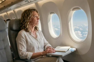 Passagère en vol long-courrier regardant par le hublot d'un avion pendant le trajet entre La Réunion et Paris