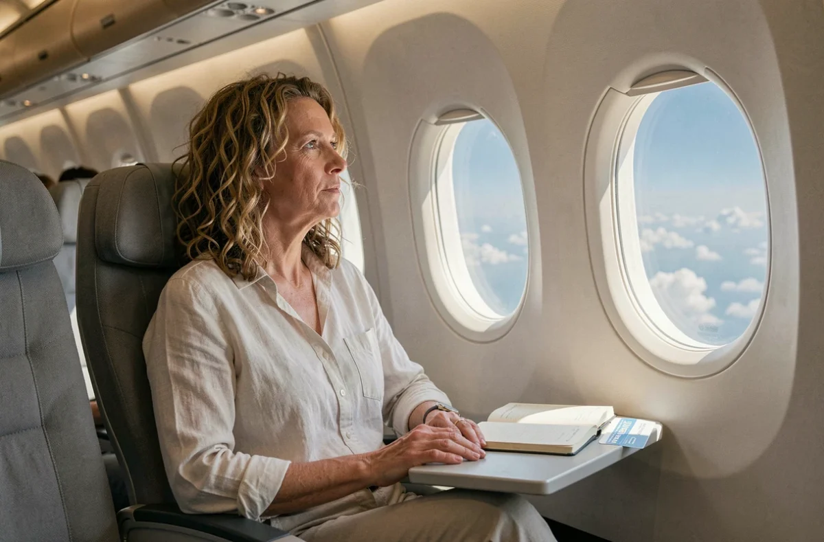 Passagère en vol long-courrier regardant par le hublot d'un avion pendant le trajet entre La Réunion et Paris