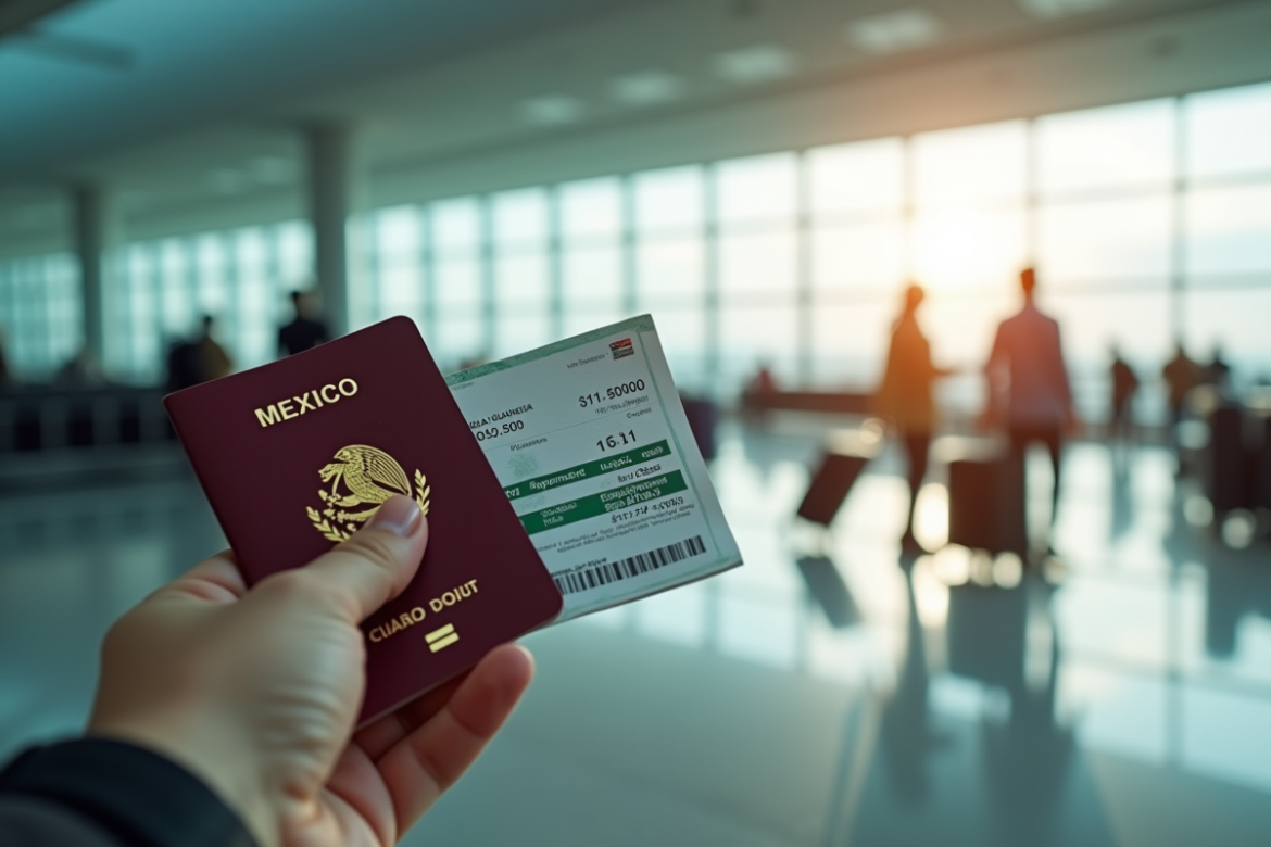 Main tenant un passeport mexicain devant un terminal aéroport