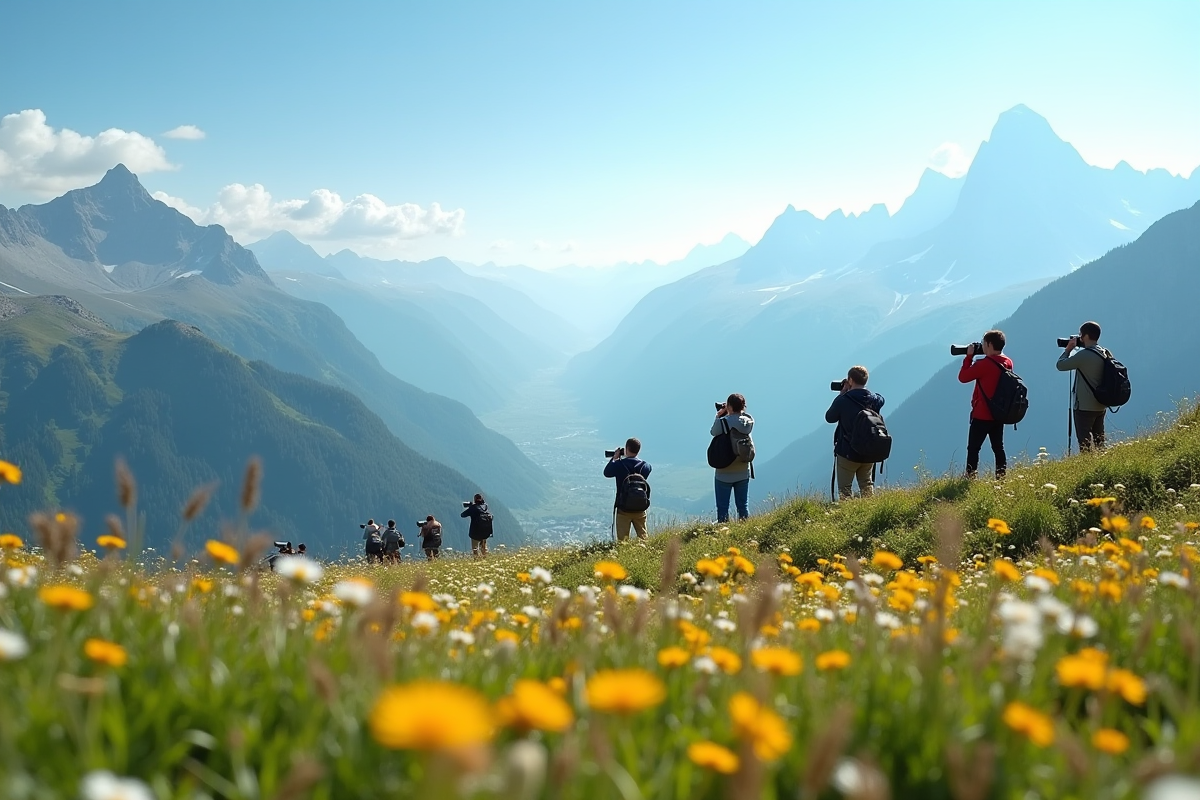 Paysage de montagne avec prairies fleurs et groupe d