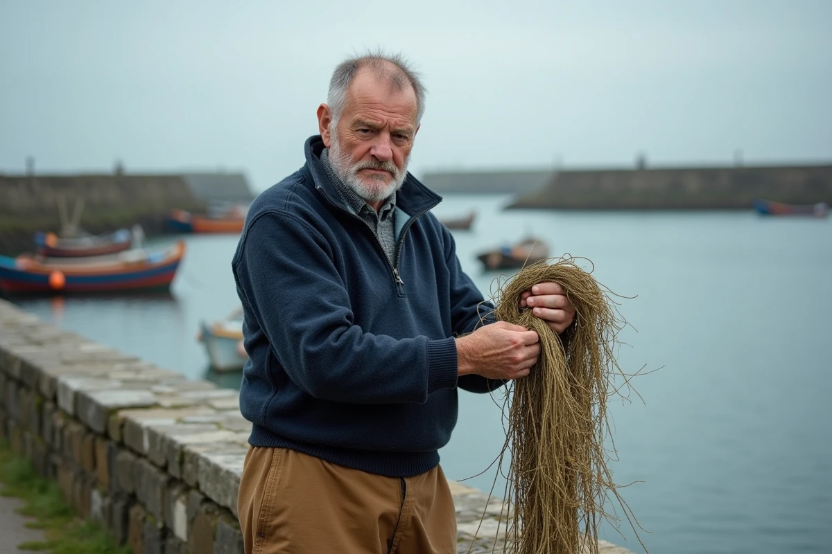 Pêcheur breton sur la chaussée de Saint-Cado inspectant ses filets de pêche traditionnels, rivière d'Étel en arrière-plan
