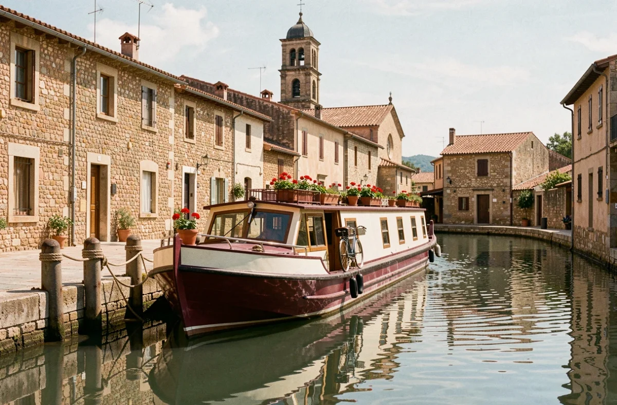 Péniche amarrée au quai d'un village médiéval pittoresque sur le Canal du Midi