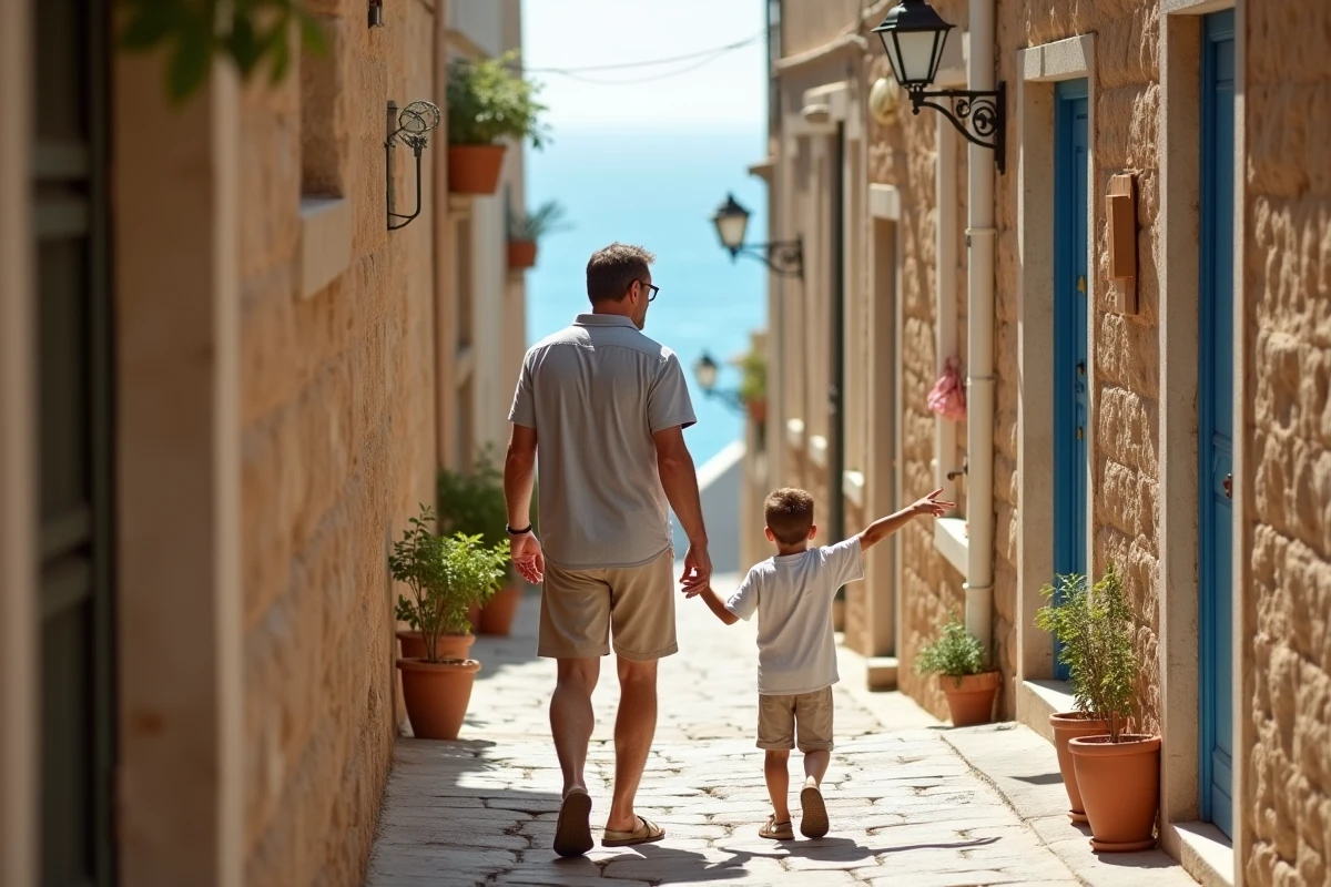 Père et fils se promenant dans une ruelle d'un village méditerranéen perché pendant les vacances