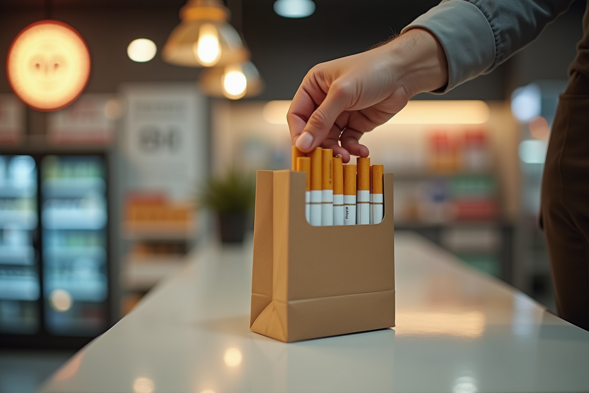 Main déposant des cartons de cigarettes dans un sac en magasin lumineux