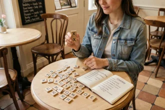 Jeune femme jouant au petit Bac avec des lettres en bois dont la lettre X, entourée de notes manuscrites de villes et pays dans un café français