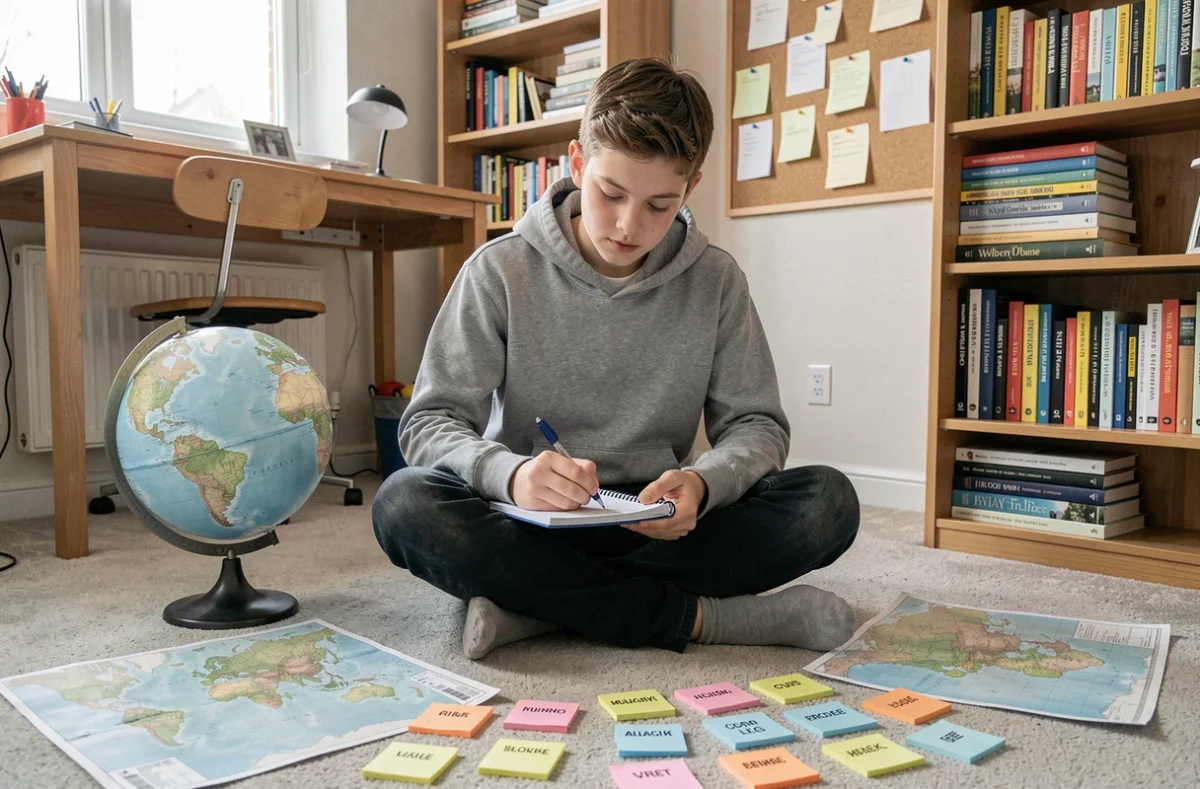 Adolescent révisant le petit Bac dans sa chambre entouré de cartes du monde et de notes manuscrites de pays commençant par X