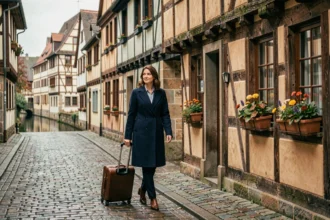 Femme avec valise marchant dans les rues pavées de la Petite France à Strasbourg, maisons alsaciennes à colombages en arrière-plan