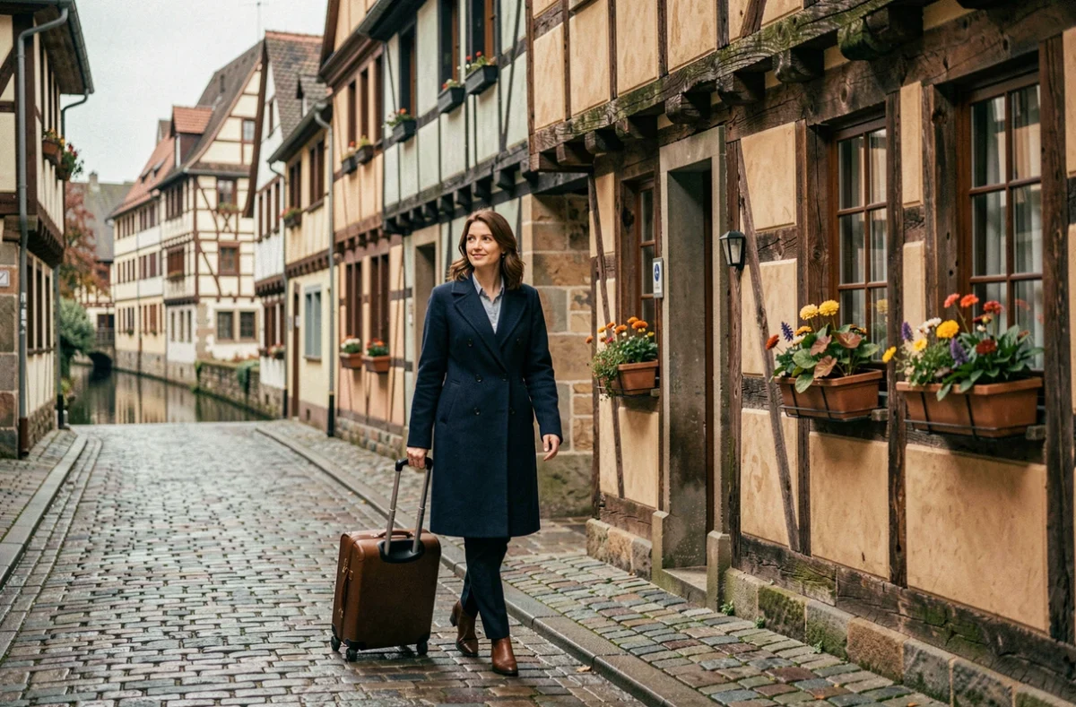 Femme avec valise marchant dans les rues pavées de la Petite France à Strasbourg, maisons alsaciennes à colombages en arrière-plan