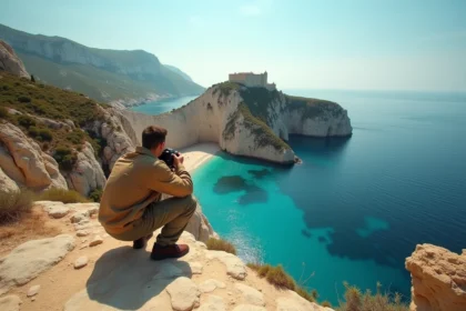 Photographe sur les falaises de Bonifacio en Corse du Sud avec vue sur la citadelle et la mer turquoise