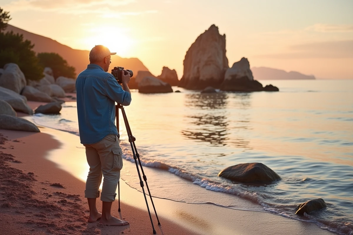 Photographe cadrant le rocher du lion de Roccapina depuis l'eau sur la plage de Corse du Sud
