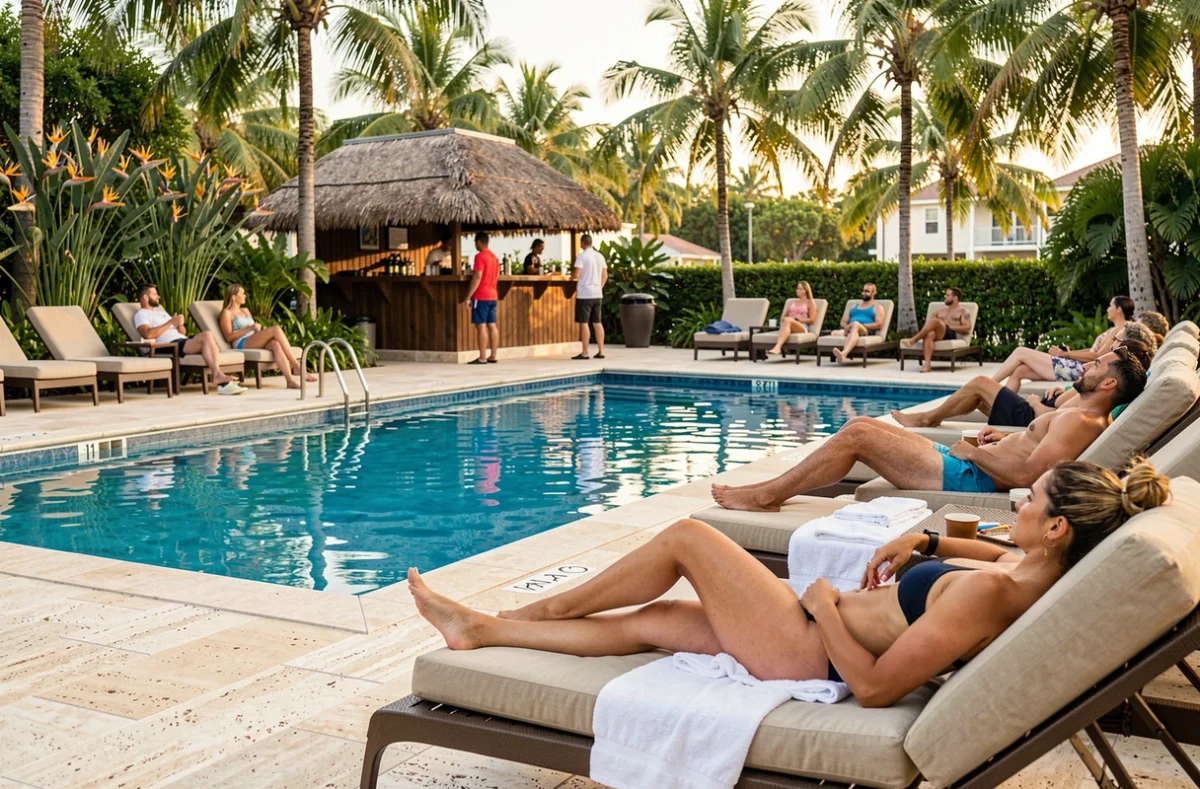 Piscine extérieure du Coral Lagoon Resort avec transats et végétation tropicale à Marathon Floride